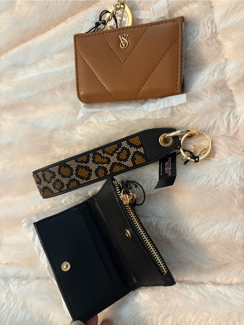 Victoria's Secret Leopard Print Wristlet Keychain and Tan/Black Card Wallet Set